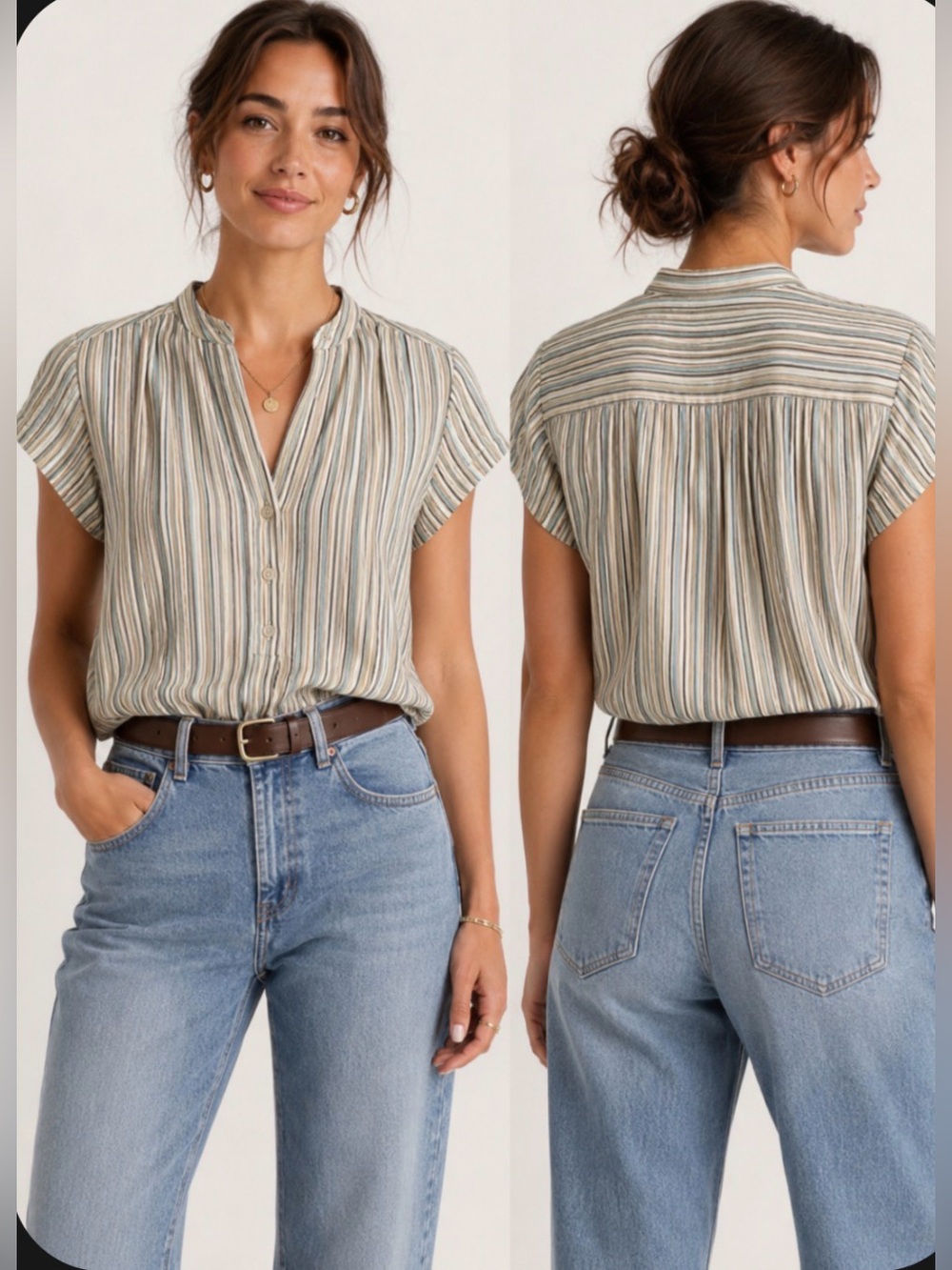 East 5th Striped Short Sleeve Button-Down Earthy VTG Inspired Career Small Top